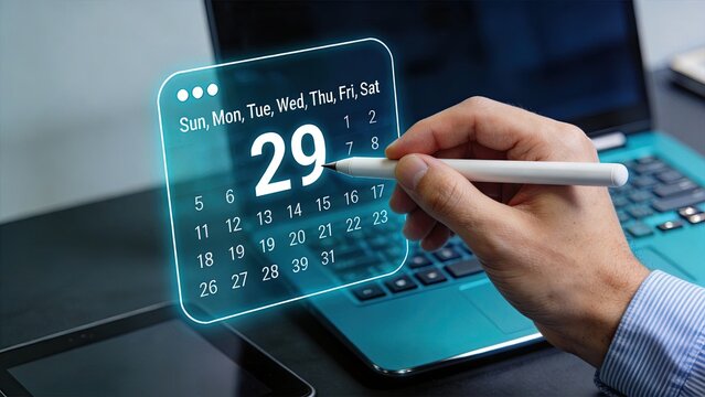 Hand selecting date on holographic calendar interface, deadline scheduling planning concept, futuristic technology appointment reminder, time management organization tool for
