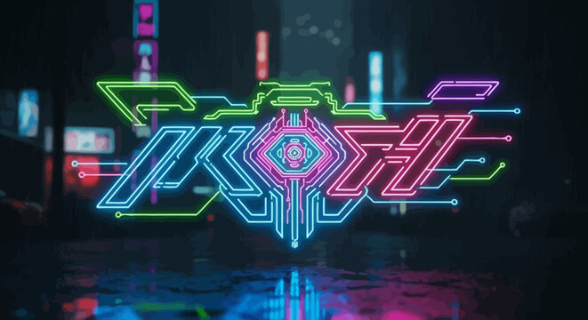 Neon cyberpunk circuit logo glowing in dark futuristic city