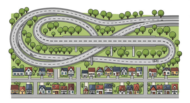 Complex highway interchange above suburban neighborhood illustration.