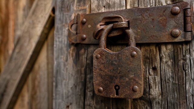 A heavy rusted padlock securing a weathered wooden barn door.