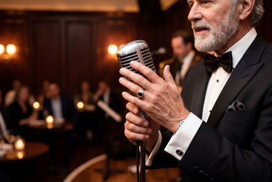 Senior male jazz singer in tuxedo holding vintage microphone at club
