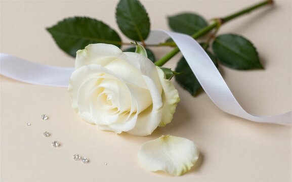 White rose green leaves scattered diamonds and a ribbon on beige