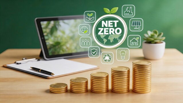 Net zero carbon emissions finance growth concept, sustainable investment stack of coins with green energy icons, renewable power, recycling, and eco-friendly technology for
