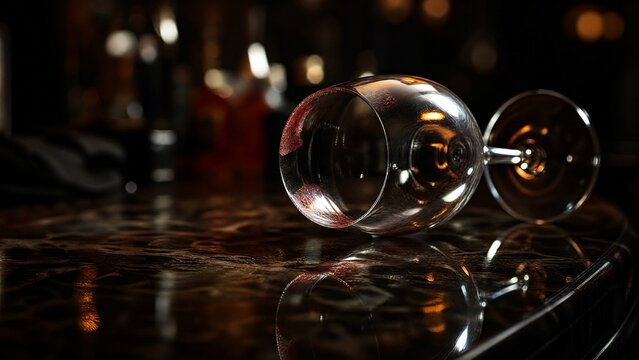 An overturned wine glass with lipstick marks on a bar counter in moody lighting.
