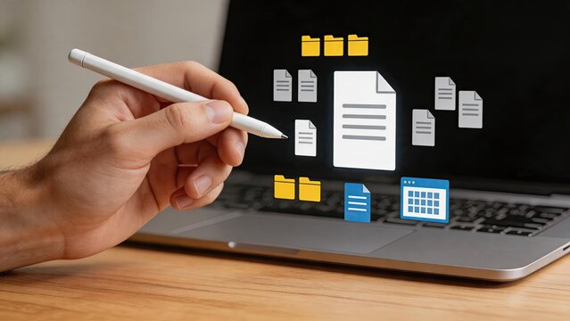 Digital document organization and file management system with floating icons on laptop screen, creative professional using stylus pen to select files for efficient workspace