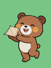 Obraz premium Cute cartoon brown bear holding a mini camping tent