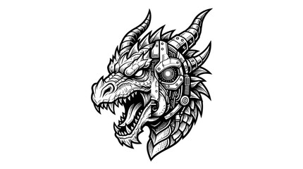 Obraz premium Mechanical Dragon Head Illustration on White Background