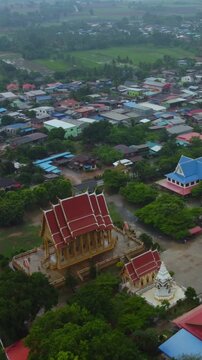 Drone Sunset View of Wat Samnak Takhro in Thepharak, Nakhon Ratchasima, Thailand