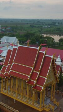Drone Sunset View of Wat Samnak Takhro in Thepharak, Nakhon Ratchasima, Thailand