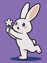 Obraz premium Cute Cartoon White Rabbit Holding Small Daisy Flower