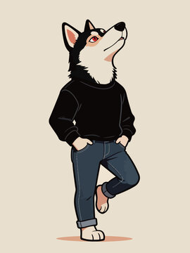 Anthropomorphic Husky Wearing Casual Streetwear Posing Confidently