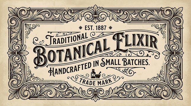 Vintage Handcrafted Botanical Elixir Label with Ornate Floral Border and Calligraphy Text