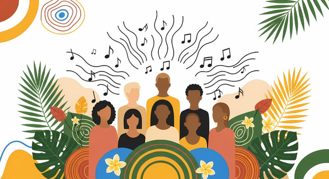 Diverse choir group with musical notes and tropical leaves