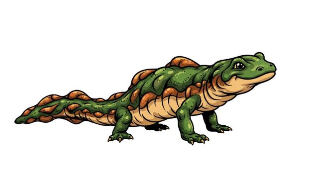 Cartoon-style illustration of a vibrant green and brown axolotl amphibian creature on a white background
