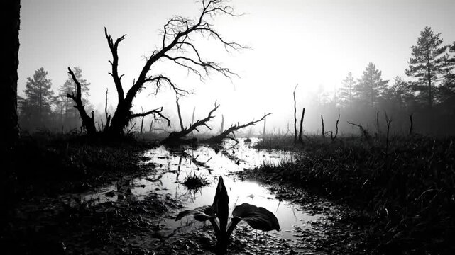 Black and white still shot of skunk cabbage plant in a muddy swampy area with bare trees and a hazy sky
