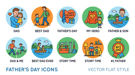 Fototapeta premium Colorful Father's Day Activity Icons Set for Web and Print
