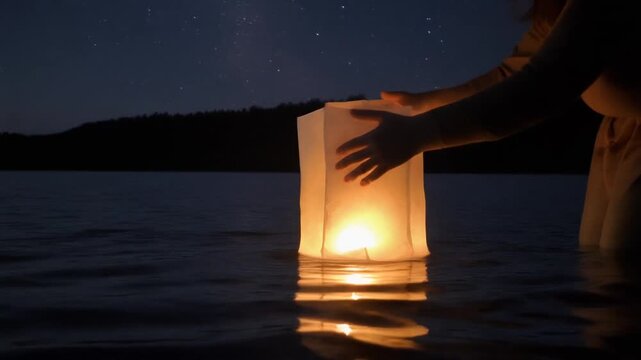 Woman releasing floating lantern on water.