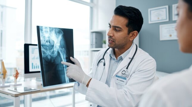 orthopedic doctor explaining hip and pelvis X-ray to a female patient in a modern medical clinic