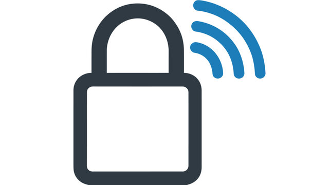 Padlock with blue wireless signal in minimalist style for security and technology