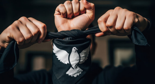 Person with a dove mask holding a black cloth symbolizing protest and freedom.