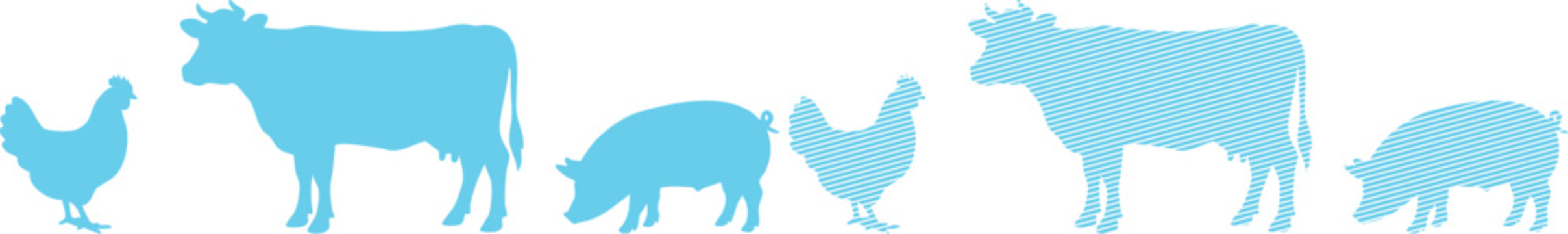 Blue silhouettes of farm animals with striped patterns