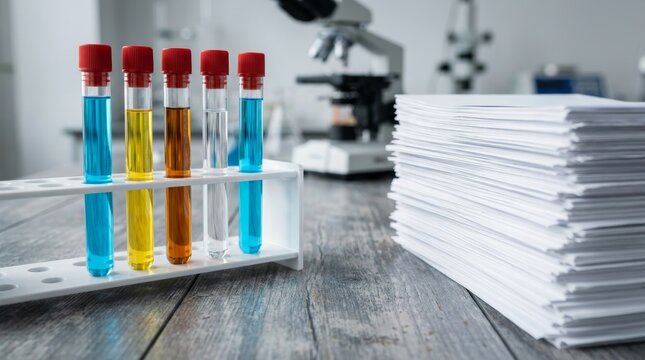 Rack of colorful liquid test tubes with red caps and a tall stack of paper documents on a wooden laboratory table