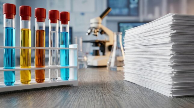 Rack of colorful liquid test tubes with red caps and a tall stack of paper documents on a wooden laboratory table
