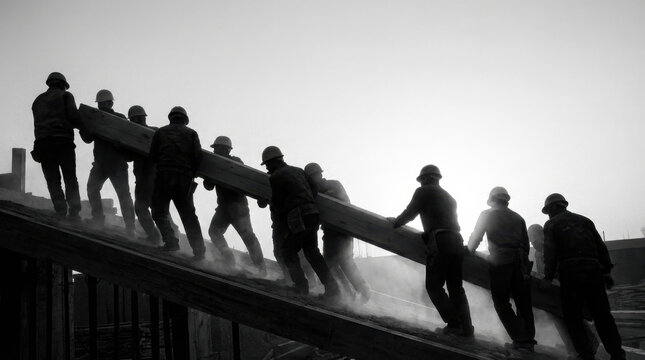Hardworking Construction Crew Carrying Planks Up Timed Scaffold