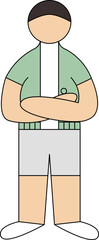 Fototapeta premium Minimalist vector illustration of a man with crossed arms wearing a green cardigan sweater and trousers, faceless character design.