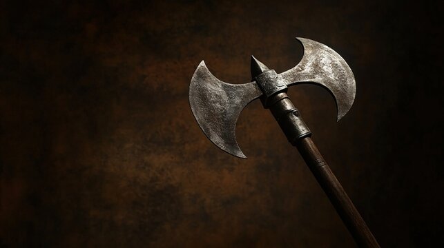 polearm. A medieval halberd with axe blade and spear point, displayed in museum lighting. event programs, museum guides, designed for cultural heritage projects and event programs.