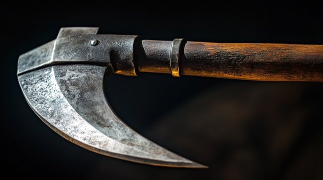polearm. A medieval halberd with axe blade and spear point, displayed in museum lighting. event programs, museum guides, designed for cultural heritage projects and event programs.