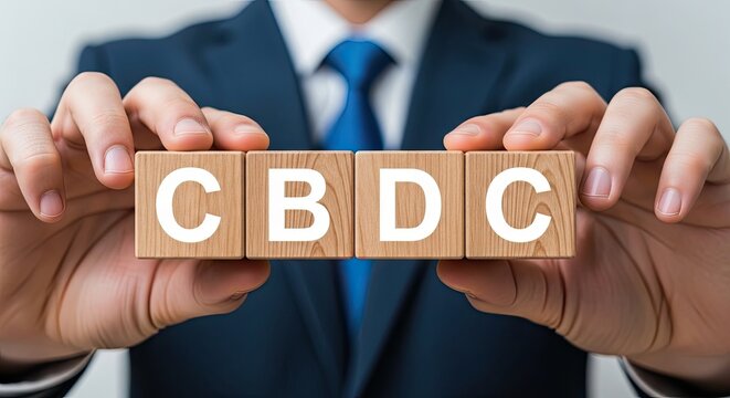 Businessman holding wooden blocks with CBDC letters, representing digital currency concept in finance and technology