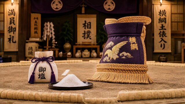 Salt pouch and decorative belt on a sumo ring, traditional Japanese elements, ceremonial arrangement.
