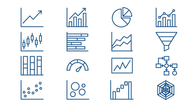 Collection of business and financial data charts and graphs icons.