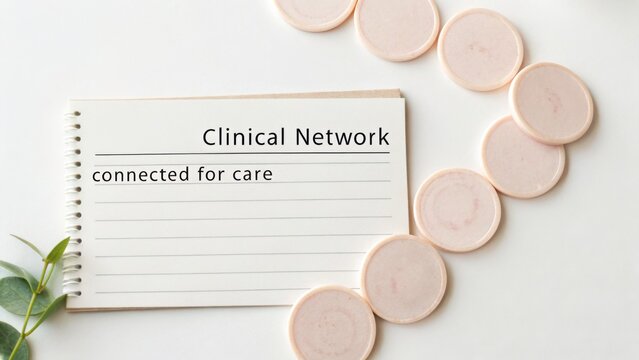 Clinical network concept with note pad and circular tokens symbolizing connections and collaboration for improved patient care and healthcare system efficiency