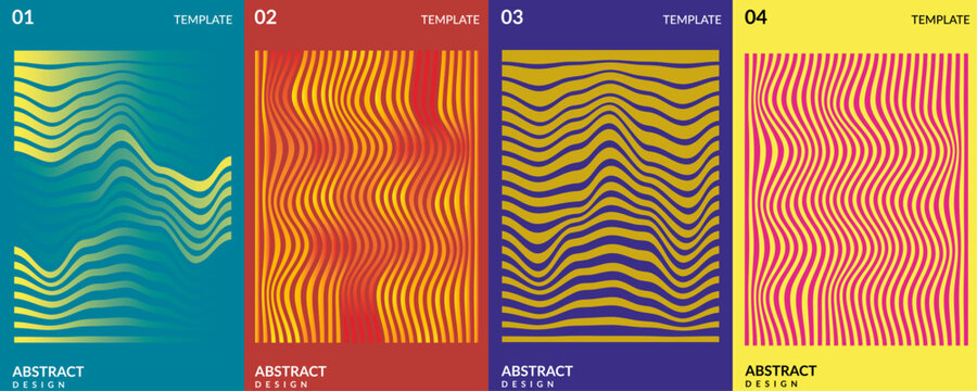  A set of Abstract Moire Wave Line Patterns and Vibrant Psychedelic Geometric Vector Covers. Vector illustration