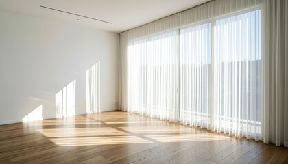 Fototapeta premium Sunlight Streaming Through Sheer Curtains in Minimalist Room