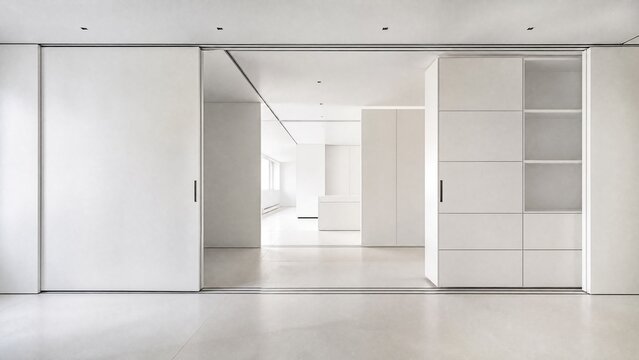 A minimalist white room with movable walls and sliding furniture.