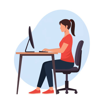 Side view vector illustration of a woman sitting at a desk with a computer monitor, demonstrating correct ergonomic posture with a straight back and feet flat on the floor.