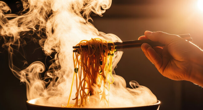 Steaming noodles held by chopsticks capturing the essence of culinary delight.
