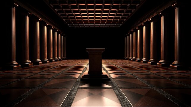 lectern. A solemn hall with geometric patterns in dark wood, a central lectern under soft light. event programs, museum guides, designed for cultural heritage projects and event programs.