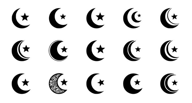 Black Ramadan crescent icon vector set with Islamic moon silhouette symbols isolated on white background