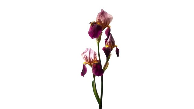 ジャーマンアイリスの開花から萎むまでのタイムラプス・白背景