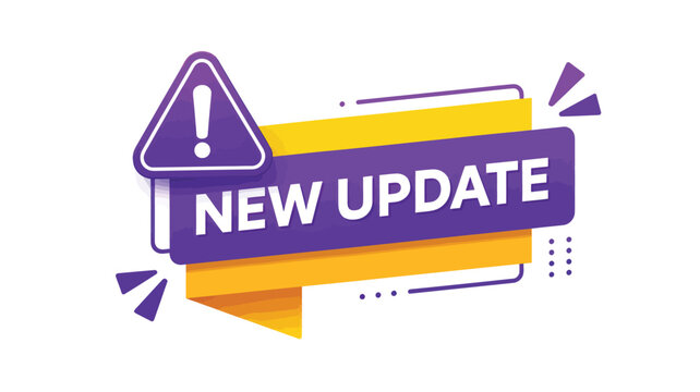 New update notification badge in purple and yellow colors with white text on white background for software or app promotion