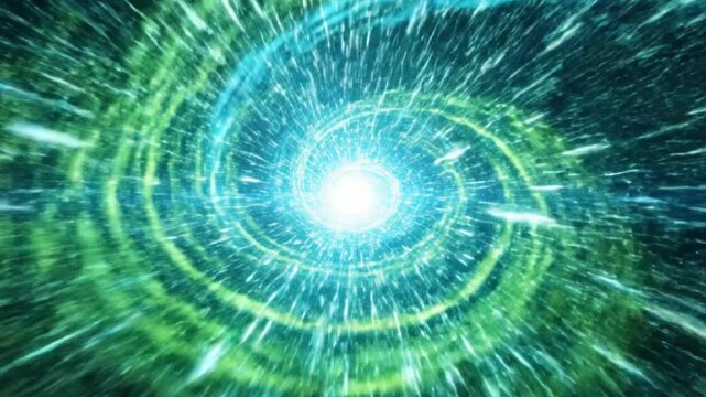 Abstract digital art of a glowing neon green and blue spiral galaxy vortex