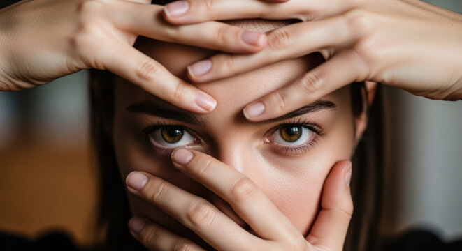 Womans face partially covered by hands intense gaze focused expression.