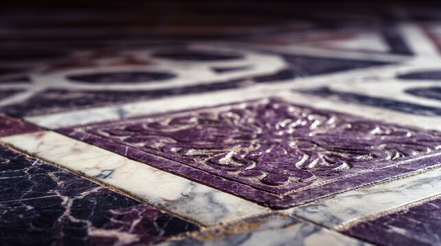 porphyry. A worn purple porphyry tile set within white marble, ancient floor detail. event programs, museum guides, designed for cultural heritage projects and event programs, preserves heritage.