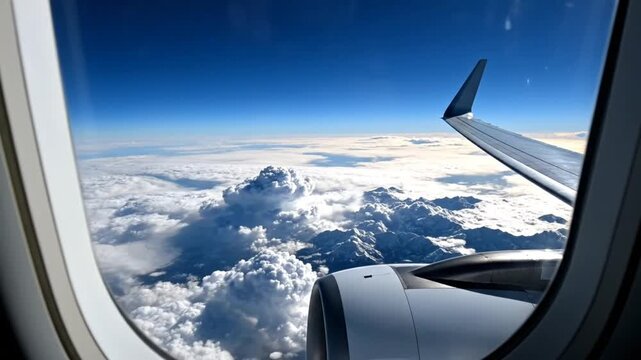 Stunning aerial view from an airplane window showcasing fluffy clouds, mountains, and the deep blue sky