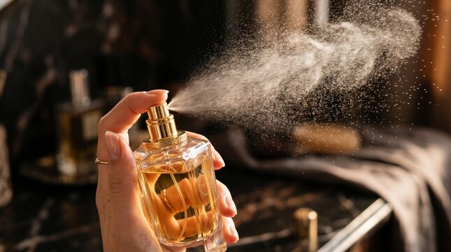 Woman's Hand Spraying Luxury Perfume, Fragrance Bottle