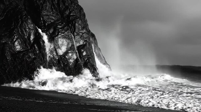 Powerful Black and White Ocean Waves Crashing Against Rocky Cliffs Creating Majestic Coastal Landscape